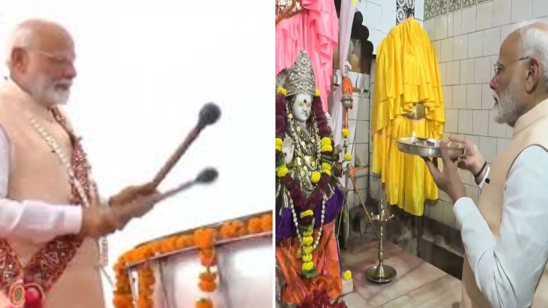 PM Narendra Modi Tries His Hands On A Traditional Dhol At After Offers  Prayers At Poharadevi Temple- PM मोदी ने पूरे जोश में बजाया ढोल लिया माता  का आशीर्वाद महाराष्ट्र को देंगे